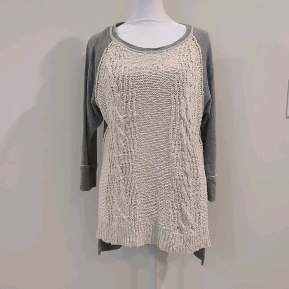 Dolan Anthropologie Womens M Boho Gray 3/4 Sleeve Sweater Cream Crocheted Top - Picture 2 of 12